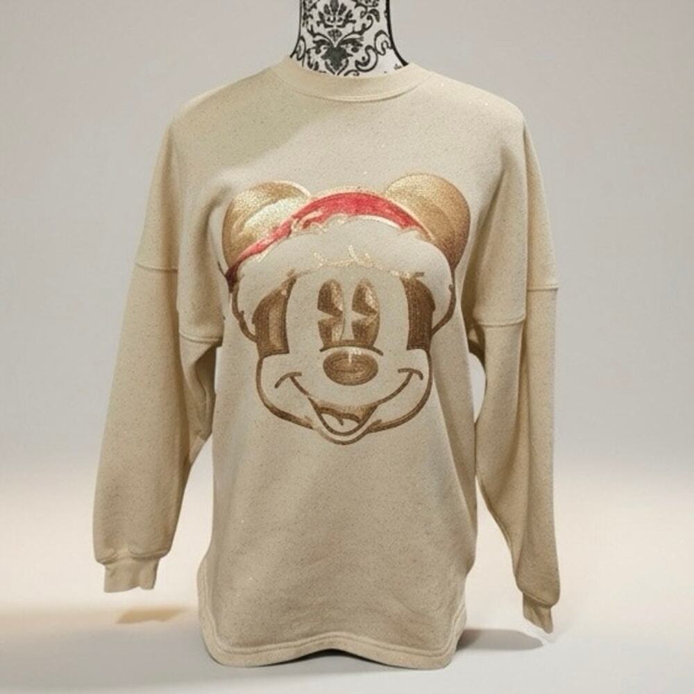 NWOT Disney Parks Sequined Santa Mickey Mouse Disneyland Sweater Spirit Jersey L